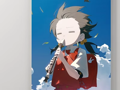 Anime Character Illustration With Gray Hair Braids Playing Clarinet Blue Sky White Clouds Falling Leaves 3d model