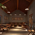 Inviting Café Interior With Wooden Bar Counter Pendant Lights Menu Board And Scenic Windows