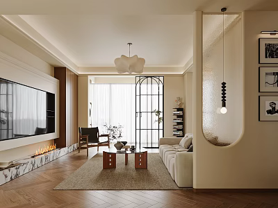 Modern Living Room Interior With TV Wall Fireplace Neutral Sofa Patterned Rug And Pendant Chandelier 3d model