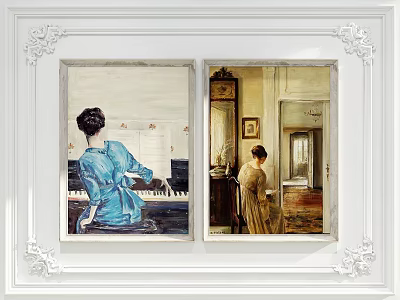 Two Women Portraits Painting Featuring Piano Room Scene and White Decorative Frames 3d model