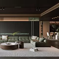 Modern Living Dining Room Interior With Green Sofa Wooden Coffee Table Rug And Decorative Plants