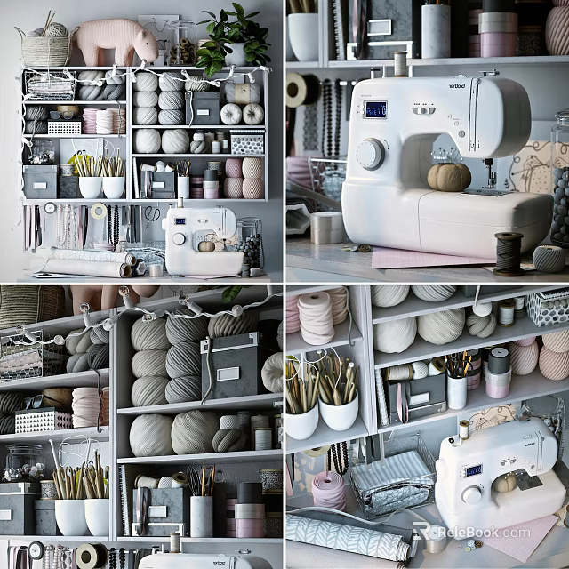 Industrial Sewing Machine Workshop Setup With Storage Shelves Spools Of Thread And Craft Tools 3d model 