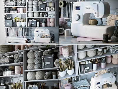 Industrial Sewing Machine Workshop Setup With Storage Shelves Spools Of Thread And Craft Tools 3d model