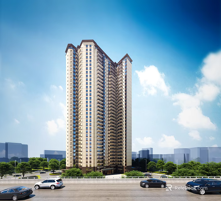 Tall Modern Residential Building With Surrounding Greenery Road And Cars Under Blue Sky 3d model 