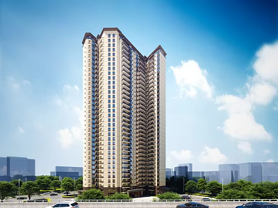 Tall Modern Residential Building With Surrounding Greenery Road And Cars Under Blue Sky 3d model