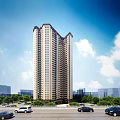 Tall Modern Residential Building With Surrounding Greenery Road And Cars Under Blue Sky