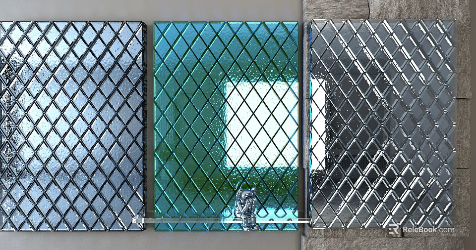 Elegant Decorative Lamp Featuring Diamond Grid Pattern Glass Panels Green Silver and Bottom Ornament 3d model 