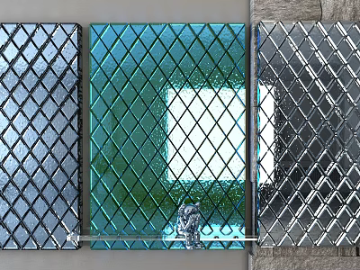 Elegant Decorative Lamp Featuring Diamond Grid Pattern Glass Panels Green Silver and Bottom Ornament 3d model