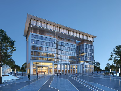 Modern Office Building Architectural Design With Glass Curtain Wall Plaza Trees And Evening Sky 3d model