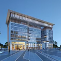 Modern Office Building Architectural Design With Glass Curtain Wall Plaza Trees And Evening Sky