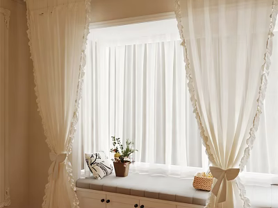 White Sheer Curtains With Lace Trim For Cozy Window Seat With Potted Plant And Cushion 3d model