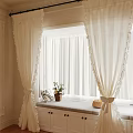 White Sheer Curtains With Lace Trim For Cozy Window Seat With Potted Plant And Cushion