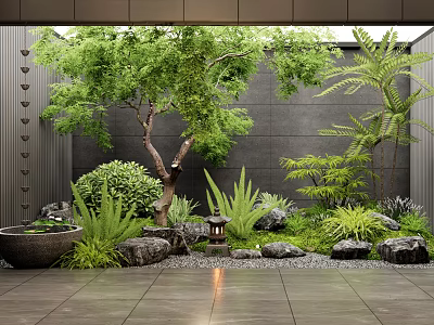 Serene Indoor Landscape With Large Tree Various Green Plants Decorative Stones Lantern And Water Basin 3d model