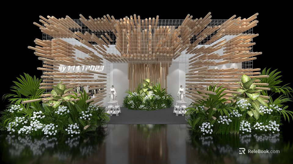 Contemporary Exhibition Display With Wooden Stick Structure Green Plants White Flowers Models And Water Reflection 3d model 