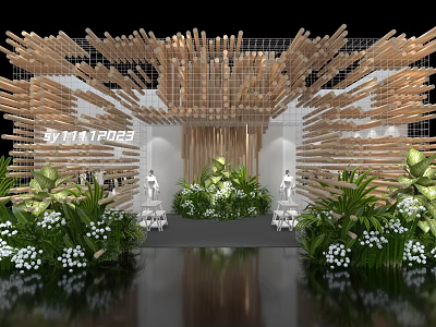 Contemporary Exhibition Display With Wooden Stick Structure Green Plants White Flowers Models And Water Reflection 3d model