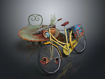 Vintage Iron Round Table And Chair With Yellow Bicycle Colorful Basket And Plant 3d model