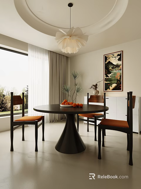 Modern Restaurant Interior With Round Black Dining Table Orange Chairs White Curtains And Decorative Painting 3d model 