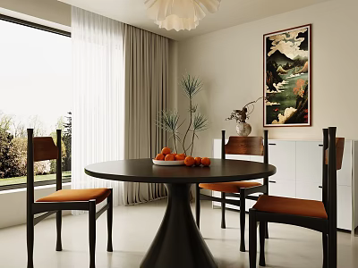Modern Restaurant Interior With Round Black Dining Table Orange Chairs White Curtains And Decorative Painting 3d model