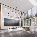 Modern Sales Office Interior With Open Layout Marble Decor Pendant Lights And Display Counter