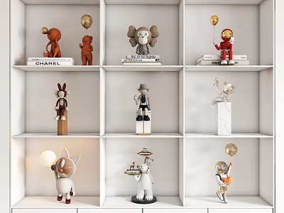 Modern Decorative Ornament Collection With Animal Character Figurines And Gold Accents On White Shelves 3d model