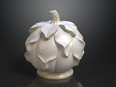 White Pumpkin Shaped Decorative Ornament With Leaf Design And Carved Patterns On Base 3d model