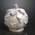 White Pumpkin Shaped Decorative Ornament With Leaf Design And Carved Patterns On Base
