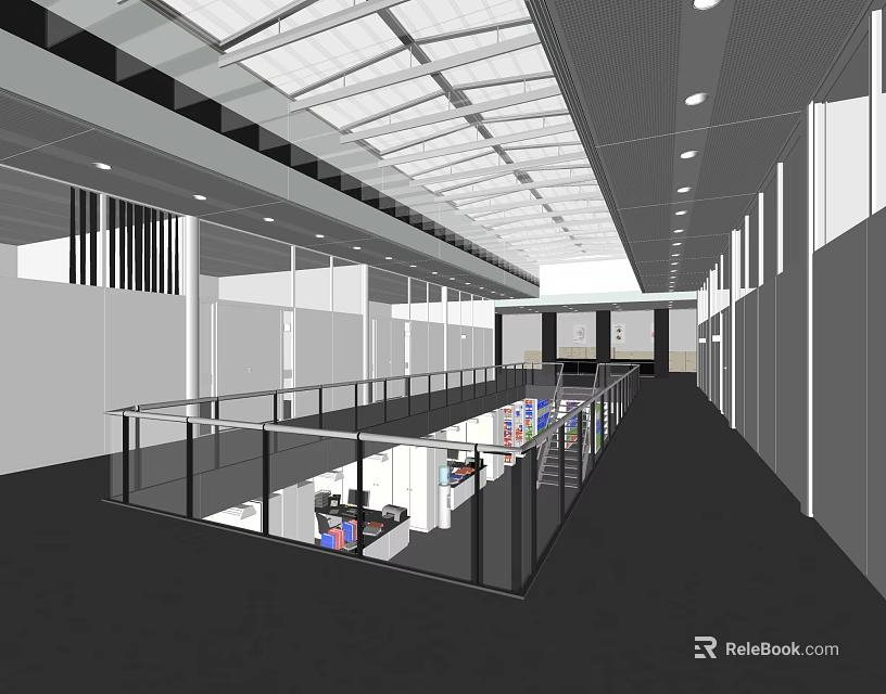 Modern Elevator Hallway With Glass Railings And Bright Ceiling Lighting 3d model