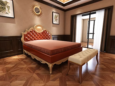 Elegant Classic Double Bed With Red Tufted Headboard And Beige Bench On Wooden Parquet Flooring 3d model