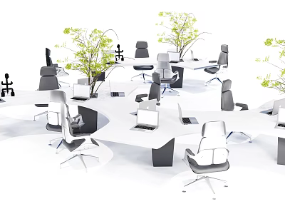 Modern Office Desk Arrangement In Open Workspace With Laptops Chairs And Green Plants 3d model