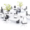 Modern Office Desk Arrangement In Open Workspace With Laptops Chairs And Green Plants