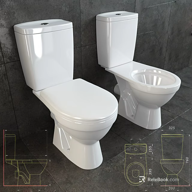Two White Ceramic Toilets Against Dark Tiled Wall With Design Sketches 3d model