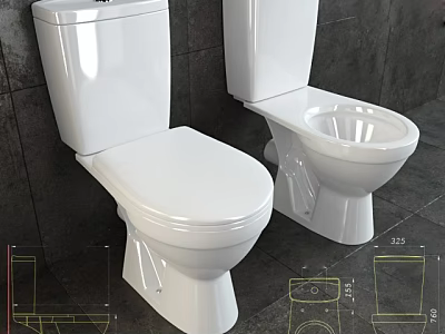 Two White Ceramic Toilets Against Dark Tiled Wall With Design Sketches 3d model