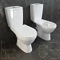 Two White Ceramic Toilets Against Dark Tiled Wall With Design Sketches 3d model