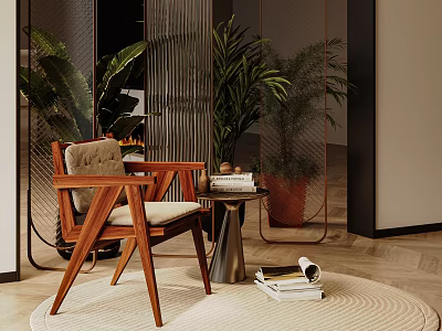 Cozy Wooden Leisure Chair With Upholstered Seat And Green Plants On Soft Rug 3d model