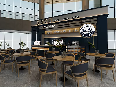 Modern Cafe Interior Featuring Open Layout Large Windows Wooden Tables Chairs Bar Counter Green Plants 3d model