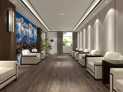 Modern Conference Room Interior With White Sofas Wooden Floors And Decorative Paintings 3d model