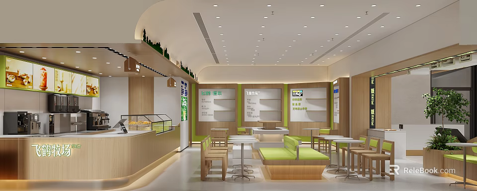 Modern Milk Tea Shop Interior With Seating Area Counter Menu Boards And Wooden Tables 3d model 