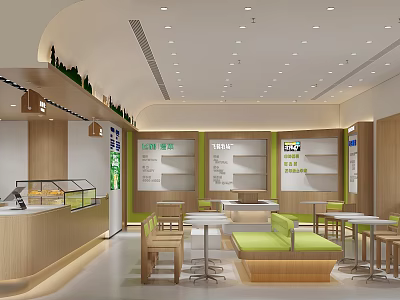 Modern Milk Tea Shop Interior With Seating Area Counter Menu Boards And Wooden Tables 3d model