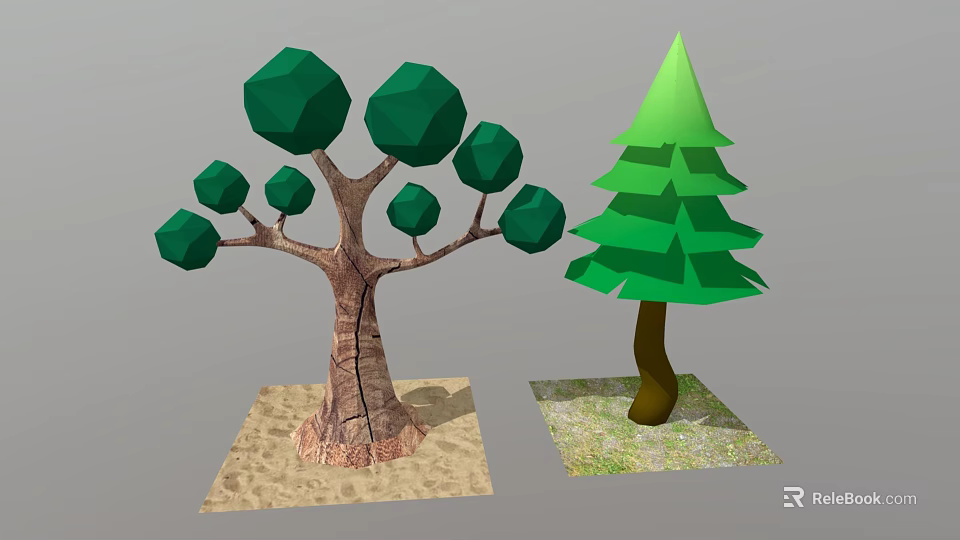Cartoon Style Low Poly Trees With Different Green Foliage On Sandy And Grass Patches 3d model 