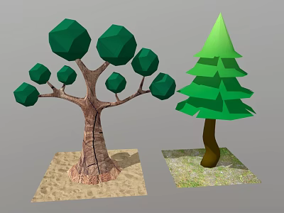 Cartoon Style Low Poly Trees With Different Green Foliage On Sandy And Grass Patches 3d model