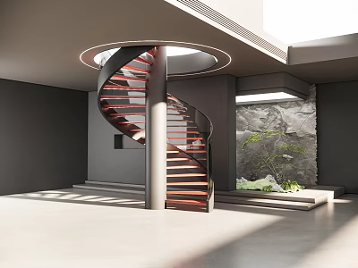 Modern Interior Design With Spiral Staircase Wooden Steps Gray Walls And Natural Light 3d model
