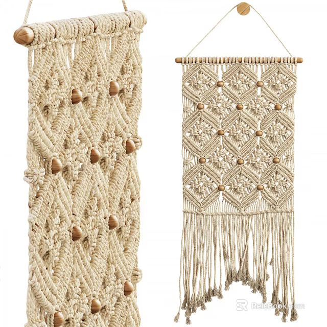 Bohemian Macramé Wall Hangings With Knitted Texture Wooden Balls And Tassels 3d model 