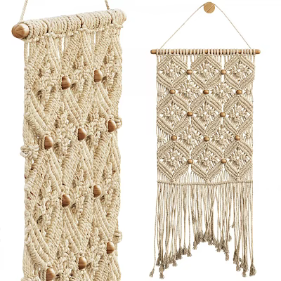 Bohemian Macramé Wall Hangings With Knitted Texture Wooden Balls And Tassels 3d model