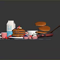 Breakfast Scene with Pancakes Milk Carton Cup Spatula Plaid Cloth and Strawberry Topping