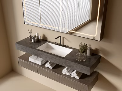 Modern Bathroom Cabinet With Stone Countertop Sink LED Mirror Towels And Toiletries 3d model