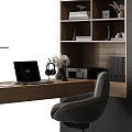 Modern Home Office Bookcase with Wooden Desk Laptop and Comfortable Chair