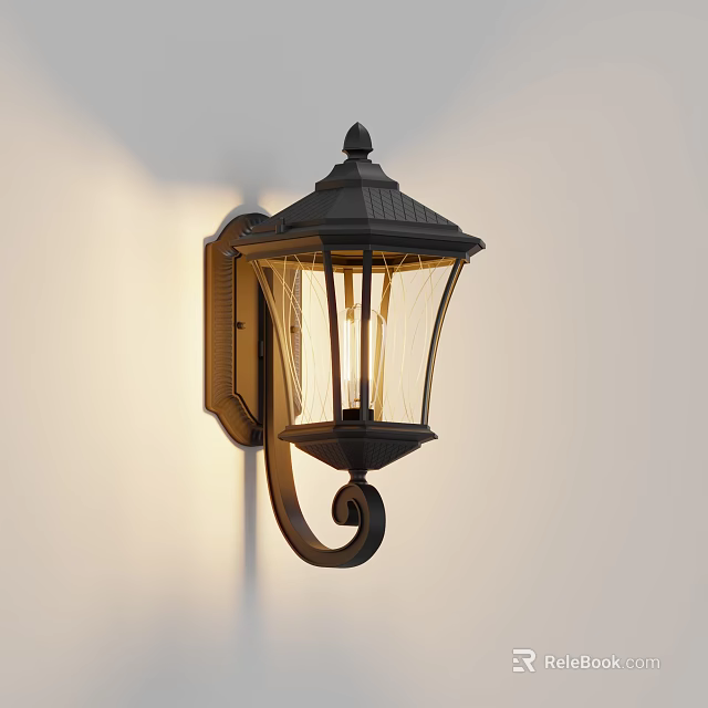 Black Traditional Wall Light With Glass Shade And Curved Arm Design 3d model 
