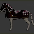 Elegantly Decorated White Horse With Red Saddle Pad Checkerboard Pattern And Bridle