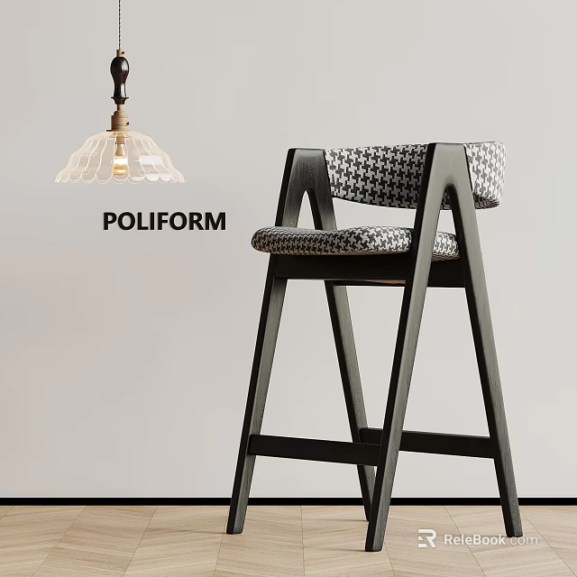 POLIFORM Modern Bar Stool With Houndstooth Upholstery Wooden Frame And Pendant Light 3d model 