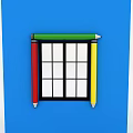 Casement Window with Red Yellow Pencils Black Frame White Grid Glass on Blue Wall